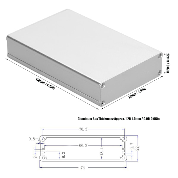 Projektbox i aluminiumlegering, integrerad matt silver, DIY-instrumentlådor för PCB-kablage 22x74x110mm