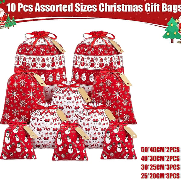 10 st Julklappspåsar med Dragsko, Julklappspåsar Blandade Storlekar Bulk, Julklappspåsar Bomullstyg Presentpåsar