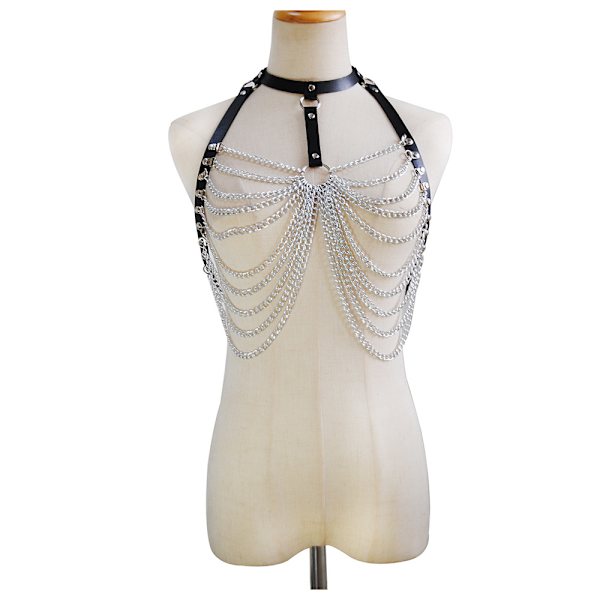 Punk midjekedja Läder Body Chain Sele Belly Bälte Kedjor Ni black