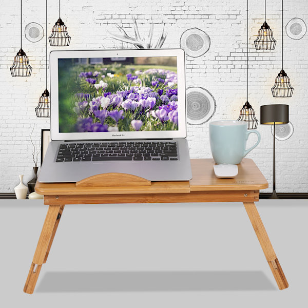 Foldbar Bambus Laptop Bord Bord Justerbar Morgenmad Seng Serveringsbakke