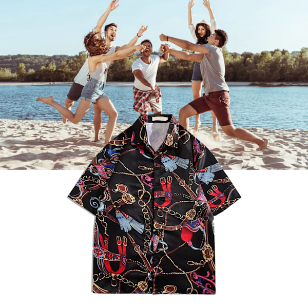 Skjorte Korte Ærmer Knapper Pæn Print Behagelig Løstsiddende Polyester Bluser til Mænd Kvinder Sort XL