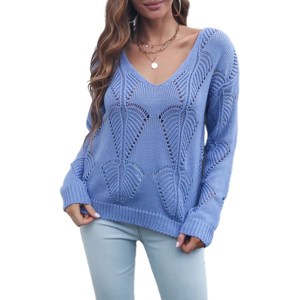 Solid Color Hollow V-Neck Long Sleeve Knit Sweater Clothes