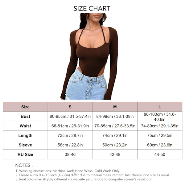 Dam Långärmad Body Halterneck Slim Fit Stretchig Högt Skuren Heldräkt Basic Body Brun L