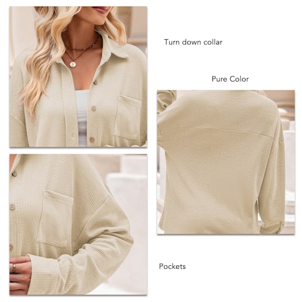 Dam Lång Knäppskjorta Casual Figursydd Långärmad Ficka Fram Lång T-shirt Beige L