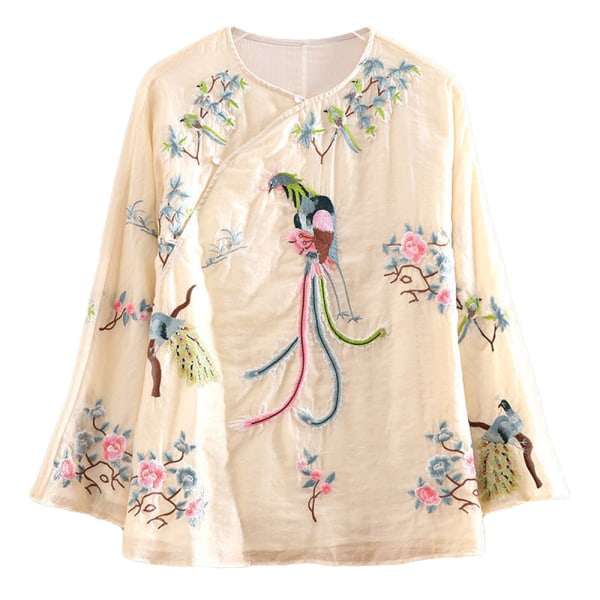 Broderad långärmad T-shirt Bohemisk blommig tunikatopp