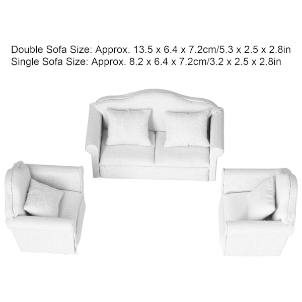 1:12 Dockhus Mini Soffa Ren Vit 3-Delars Soffa Set Mini Vardagsrums Möbelmodeller Vit