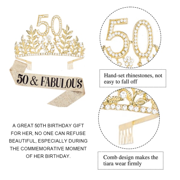 50th Birthday Sash and Crown -hiusnauha naisille, Birthday Crown