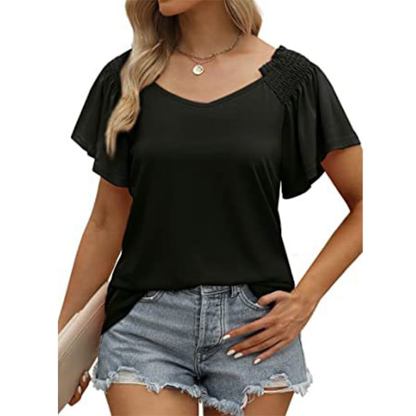 Women Short Sleeve Shirt Pleated V Neck Ruffle Sleeve Women Off Shoulder Shirt Top for Summer Daily Vocation Party Black M