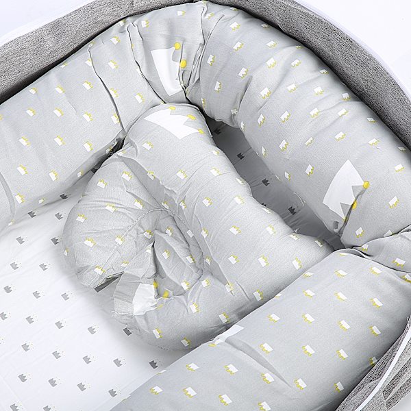 Avtakbar Vaskbar Bærbar Baby Seng Spedbarn Nyfødt Soveseng med Pute Babybeskyttelse Grå Krone 85x45x12cm