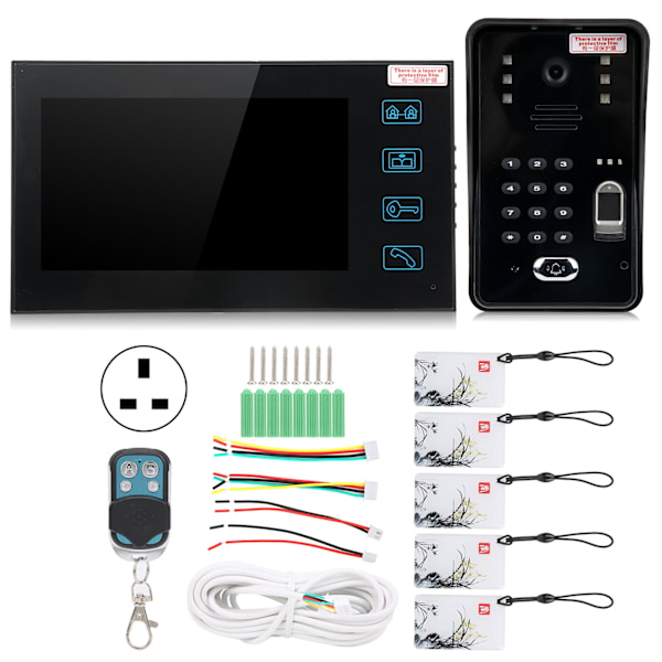 7 tommers TFT LCD videodørtelefon med fingeravtrykk, passord, ID-kort, fjernstyrt sikkerhetsadgangskontroll, 100-240VUK-kontakt