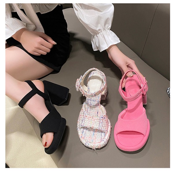 Høye sandaler med ankelrem for kvinner, pustende, sklisikre, åpne tær, stropper, firkantede hæler for sommer, blomstermønster, størrelse 38