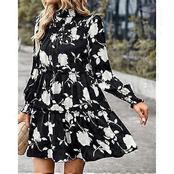 Dam Långärmad Klänning Elastisk Rynkad Klänning Blommig Tryck Volang Mock Neck Midi Klänning