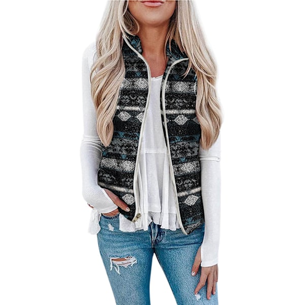 Tie Dye Fleece Väst Ärmlös med Dragkedja Etniskt Mönster Tryck Väst Ytterkläder Varm Mjuk Fleece Väst Etnisk Svart S