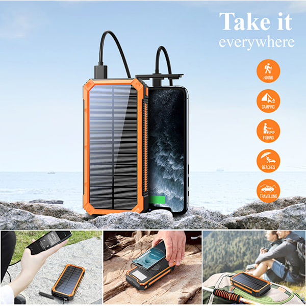 Trådlös Solcellsladdare 30000mAh Vattentät Solcellsladdare DP Snabbladdning med LED-ficklampor Extern Batteripack för Utomhuscamping