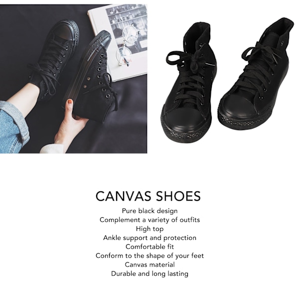 Canvas Skor Casual Snörning Helt Svarta Höga Canvas Walkingskor för Kvinnor Män Svart 38