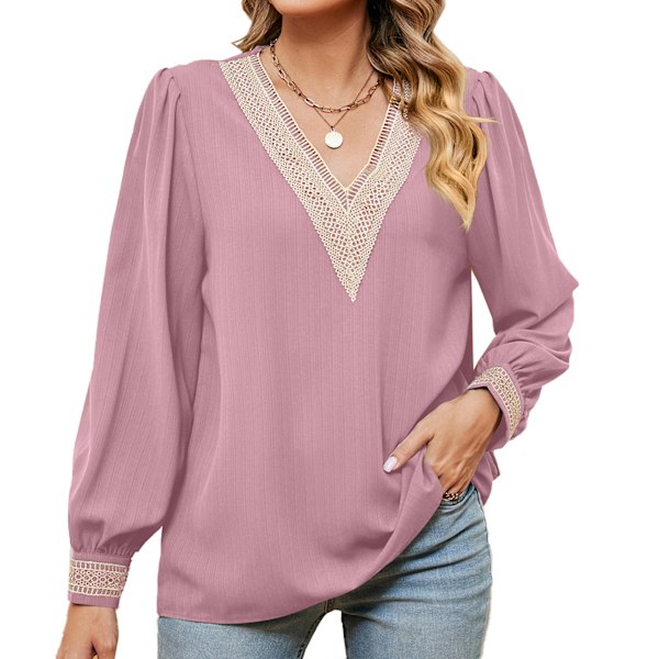 Spetskant V-ringad Blus Casual Figurnära Långärmad Guipure Spetsblus för Kvinnor Rosa XXL