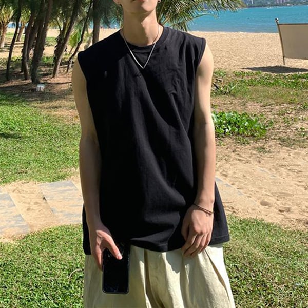 Herrar Tank Top Enfärgad Ärmlös Skjorta Lös Passform Sportväst för Hemmaträning Svart L