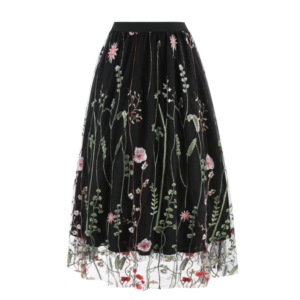 Blomsterbroderet nederdel til kvinder, elastisk talje, elegant blondekantet tylnederdel til fester, sort M