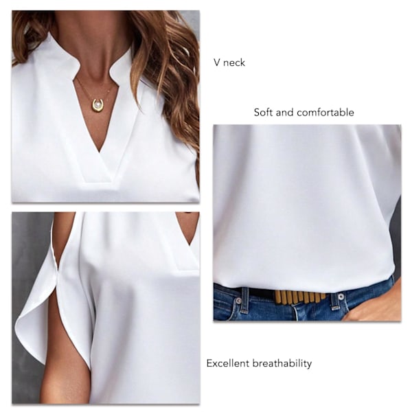 Dam Cold Shoulder Blus V-ring Enfärgad Casual Lös Elegant Kortärmad Sommarblus Vit L