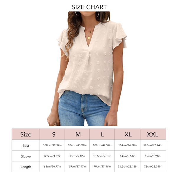 Dam Blus V-ringning Volangärm Lös Andningsbar Prickig Polyester Dam T-shirt för Vår Sommar Höst Aprikos XXL