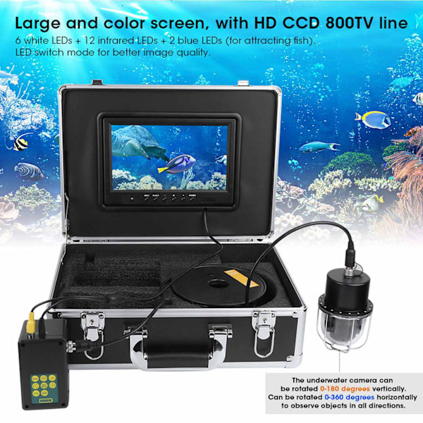 9 tum DVR 50m undervattensvideokamera IP68 vattentät 20 lampor 360° roterande kupolpanorama med 16 GB minneskort 100‑240V