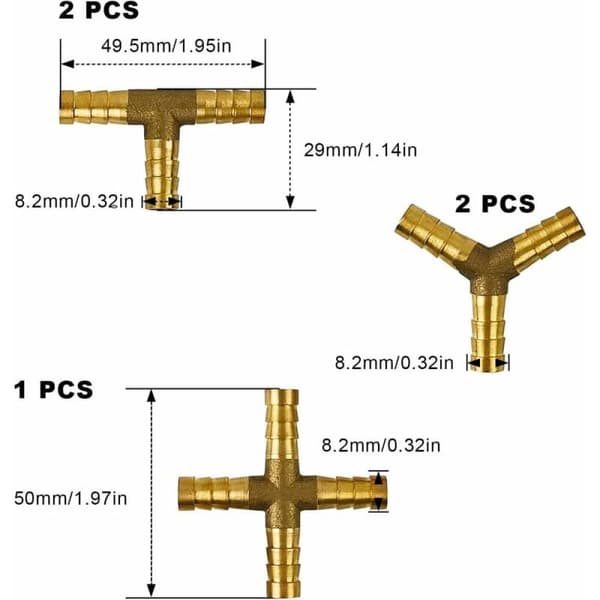 8 mm slangstuds-forbindelse, trevejs T-stykke til fleksibel slangeforsegling i rør- og slangesystemer (5 stk.)