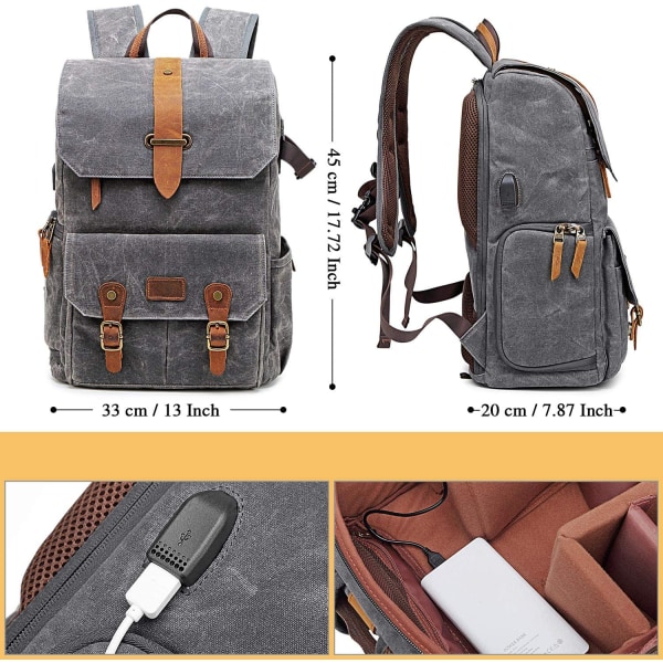 Camera Backpack Waterproof Canvas Linen Fabric and Real Leather