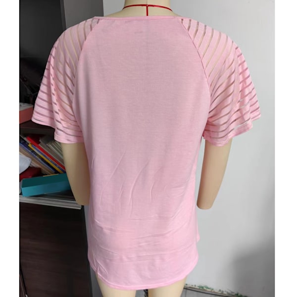 Randig Mesh Topp med Korta Ärmar för Kvinnor Lös Casual Elegant Rundhalsad Skjorta Blus för Kontor Arbete Fest Rosa XXL