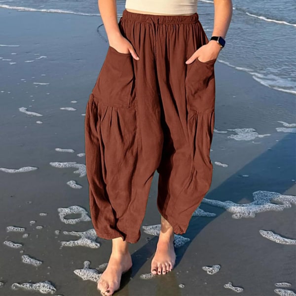 Dam Byxor Lös Hög Midja Casual Vida Ben Snörning Rem Ficka Långbyxor Kaffe XXL