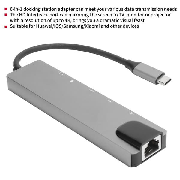 6 i 1 Type-C Dockingstasjon Type-C til PD/HDMI/RJ45/USB3.0 Kabeladapter Konverter