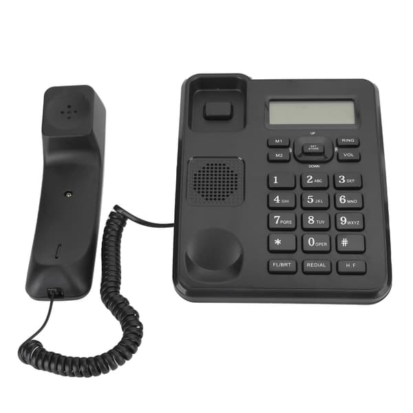 Kablet stasjonær veggtelefon, fasttelefon med nummerpresentasjon, nummer- og tidsvisning, samt ventefunksjon, kompakt design for