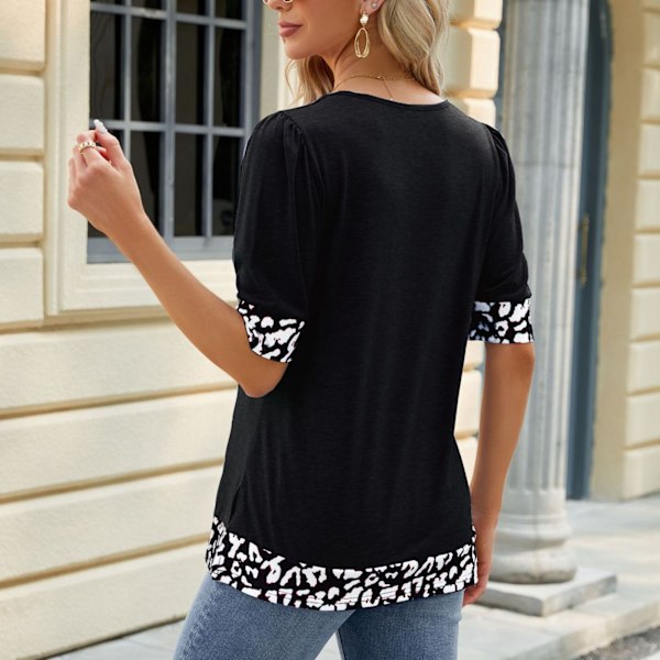 Dam Tryck Splicing Färgblock Blus Puff Kort Ärm Sidsöm Split Mjuk Andningsbar Trendig Pullover Blus Svart M