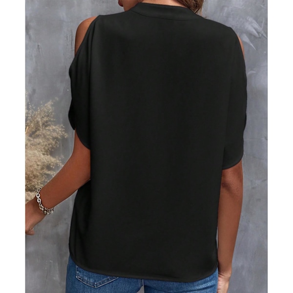 Dam Cold Shoulder Blus V-ring Enfärgad Casual Lös Elegant Kortärmad Sommarblus Svart XL