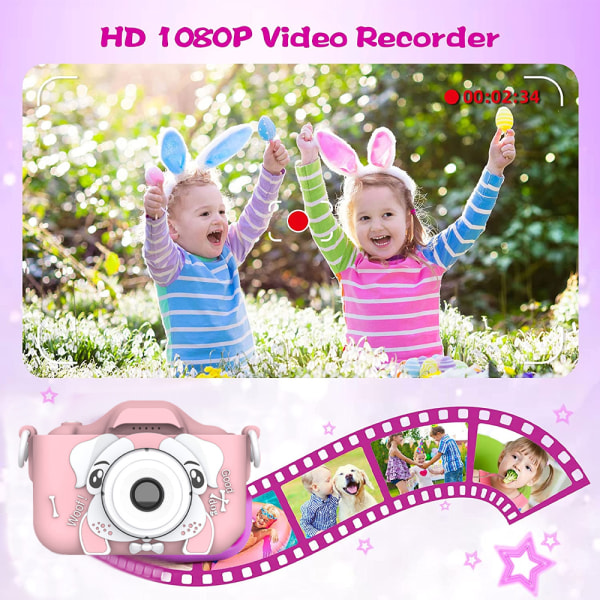 Multi-funksjon tegneserie digitalt kamera for barn (søt rosa hund)