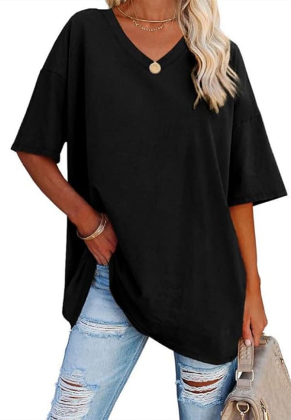 Oversize T-shirt til kvinder med V-hals, løs basis T-shirt bluse