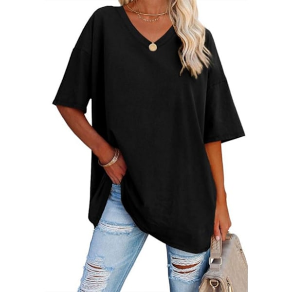 Oversized T-skjorte for kvinner med V-hals, løs basic t-skjorte bluse