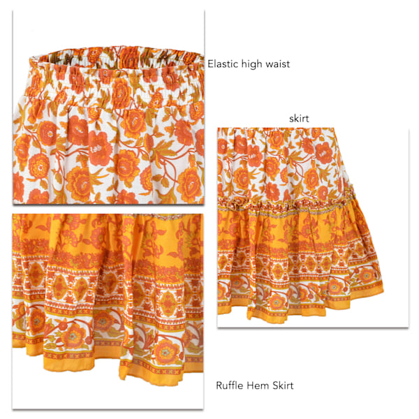 Kvinners Ruffled Hem Skjørt Blomstertrykt Elastisk Etnisk Kort Skjørt For Sommer Vår Høst Oransje S