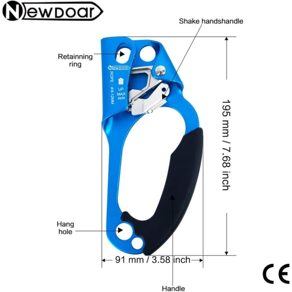 Klatretræ Arborist Gear Udstyr Ergonomisk Caliper Lige Hånd Ascender til 8-13mm Reb