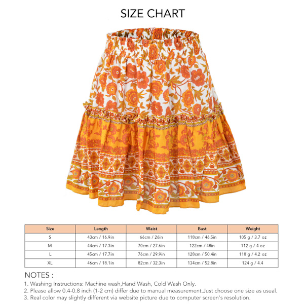 Kvinners Ruffled Hem Skjørt Blomstertrykt Elastisk Etnisk Kort Skjørt For Sommer Vår Høst Oransje M