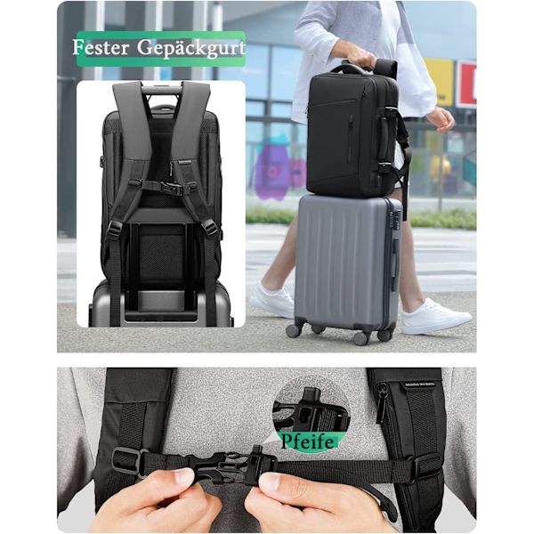 Expanderbar 26L-38L ryggsäck, affärsryggsäck herr, laptopväska 17 tum med USB laddningsport, vattentät ryggsäck, stöldskydd, flygtestad