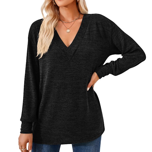 Dam Långärmad Tröja V-ringad Enfärgad Casual Lös Dam Långärmad T-shirt Undertröja för Hemfest Arbete Svart XL