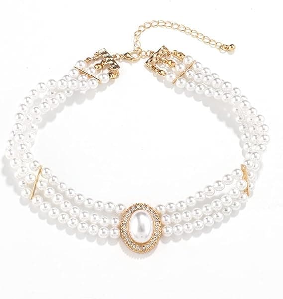 Perlehalskjede, 3-rads choker-ring, simulert perle, rhodium P