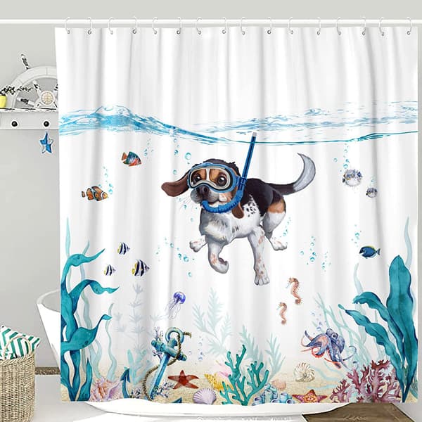 Badgardin Söt Dykande Hund Havsdjur Duschdraperi Polyester
