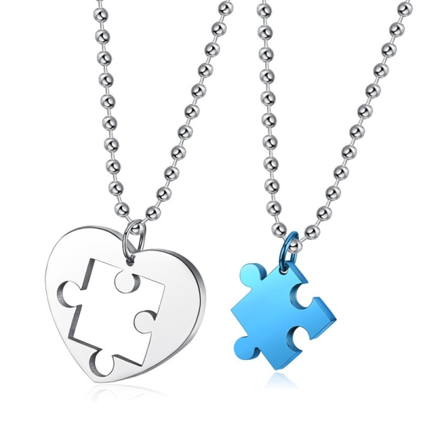 2PCS Stainless Steel Couples Love Heart Puzzle Pendant Necklace