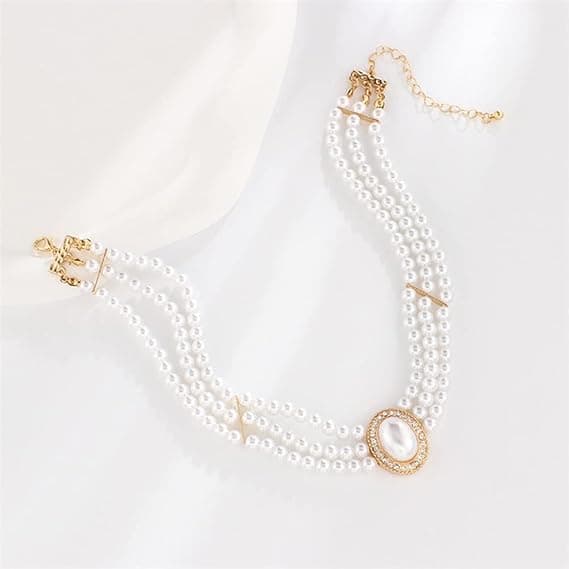 Perlehalskæde, 3-rækket chokerring, simuleret perle, rhodium P