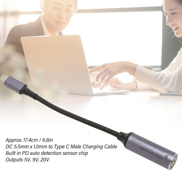 DC 5.5mmx1.0mm till Typ C Laddningskabel Hona till Hane 100W DC5510 till Typ C Strömkabel med PD Auto Identifieringschip