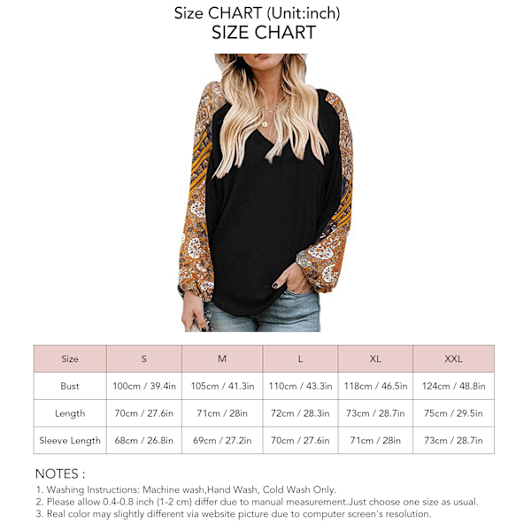 Dam Blus Splicing Tryck Långärmad V-ringning Lös Passform Dam Casual Pullover Topp för Arbete Dejting Resor Svart L