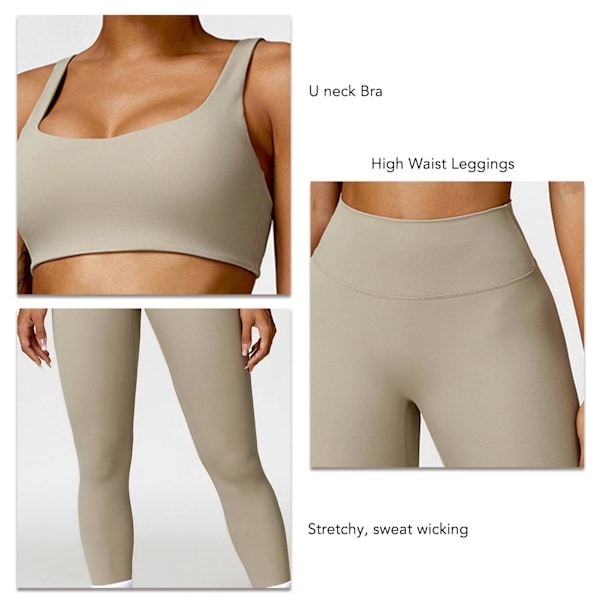 Träningsset för kvinnor Högmidjade leggings U-ringad BH Svettransporterande magkontroll Tvådelade träningskläder Ljusbrun Tan S