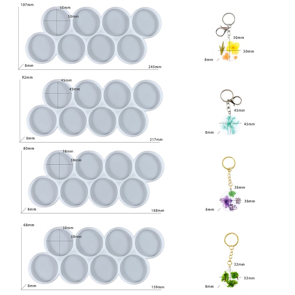 32-onteloinen setti 2'', 1.75'', 1.5'', 1.25'' pyöreitä tarttuva-muotteja, magneettimuotteja, korvakorumuotteja, pyöreitä avaimenperäsilikonimuotteja hartsiin