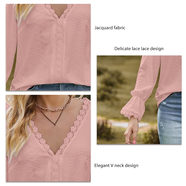 V-ringad Blus med Spets Jacquard Romantisk Långärmad Sömnad Jacquard Spets Guipure Blus för Kvinnor Rosa S